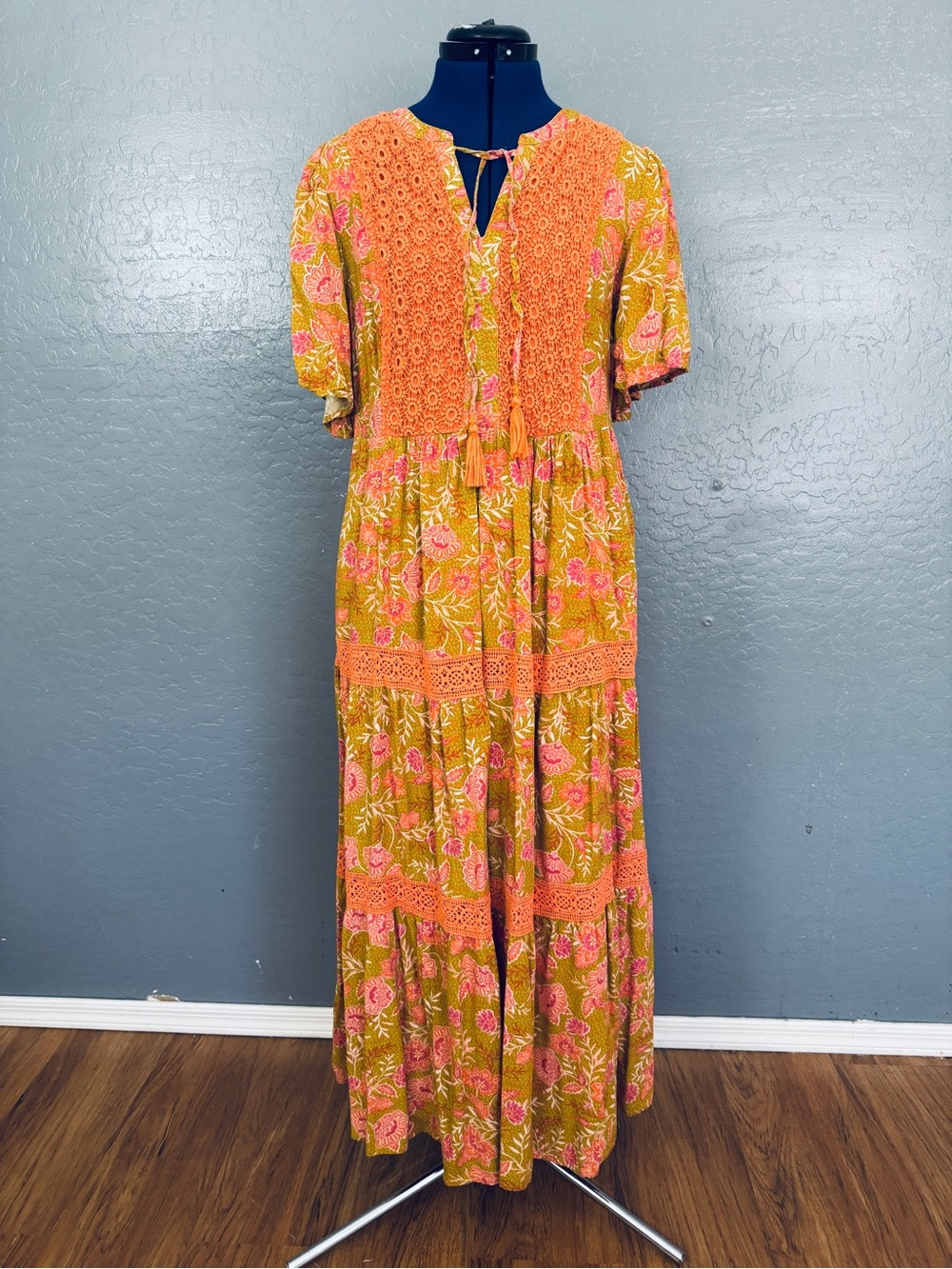 DownEast Floral Crochet-Trim Maxi Dress in Orange and Pink